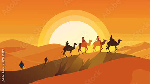 Silhouetted caravan of travelers riding camels across a golden desert at sunset with vibrant hues Vector
