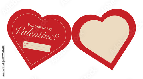Heart shaped valentine greeting note with Will you be my Valentine message and blank writing areas suitable for romantic gifts school exchanges party favors and seasonal promotions