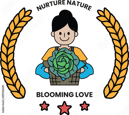 A girl holding a plant with the words "Nurture Nature" on the background