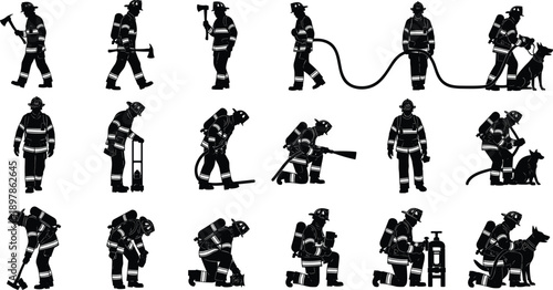 Firefighter silhouettes in action with equipment and dog on white background rescue emergency
