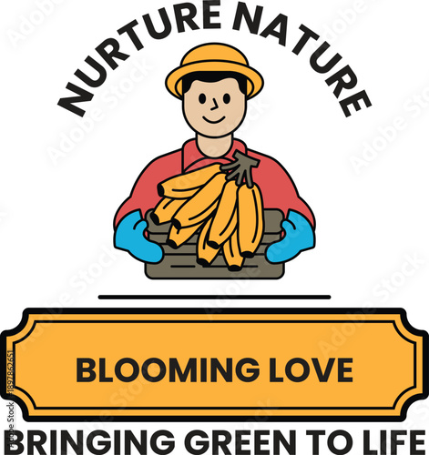 A man holding a bunch of bananas with the words nurturing nature blooming love