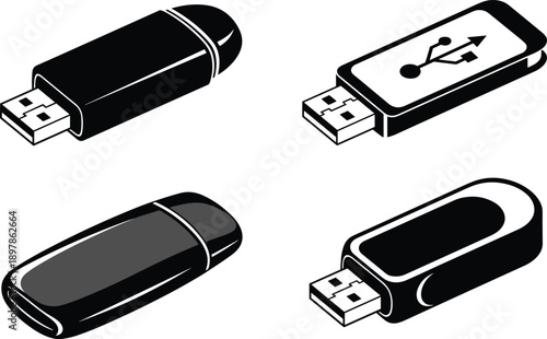 Four Black Silhouettes of USB Flash Drives in Isometric View Keywords: USB drive, flash drive, storage, memory stick, data
