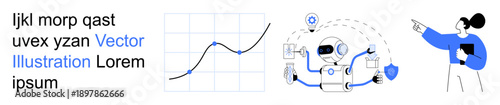 Data analysis, AI technology, cybersecurity, statistics, automation, teamwork. Line graph, AI robot woman holding a clipboard. Data analysis and AI technology visual