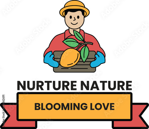 A man holding a basket of fruit with the words nurturing nature blooming love