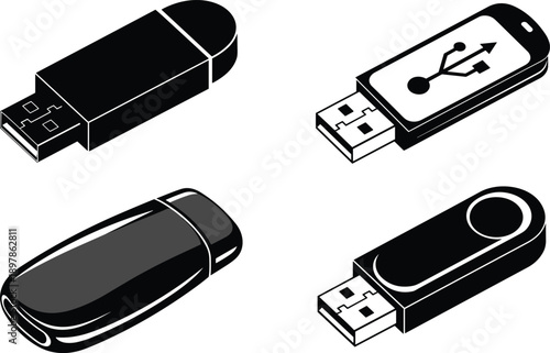 Isometric USB flash drive icons in black and white on white background storage data