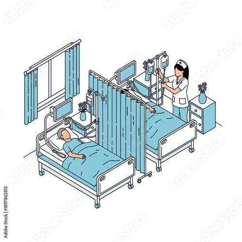 Hospital Room with Patients and Nurse.