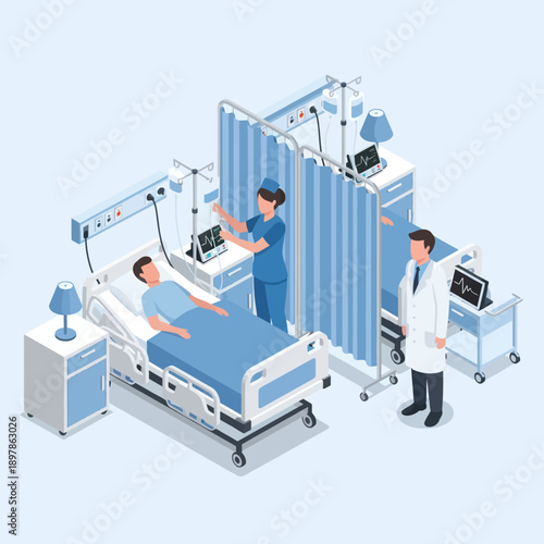 Medical Professionals Treating Patient in Hospital Room.