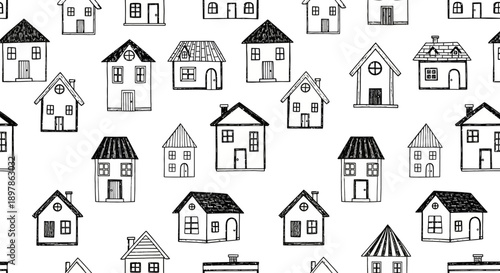 Creative Pattern Design, Houses, Residential Area, Illustration, Monochrome Style, Aesthetic View, Home Concept