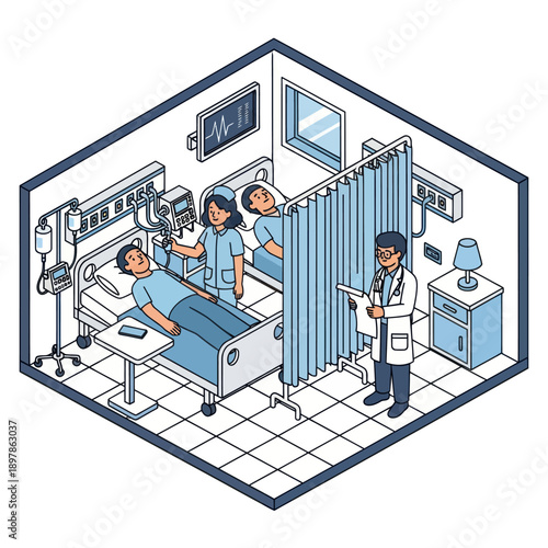 Medical Team Attending Patient in Hospital Room.