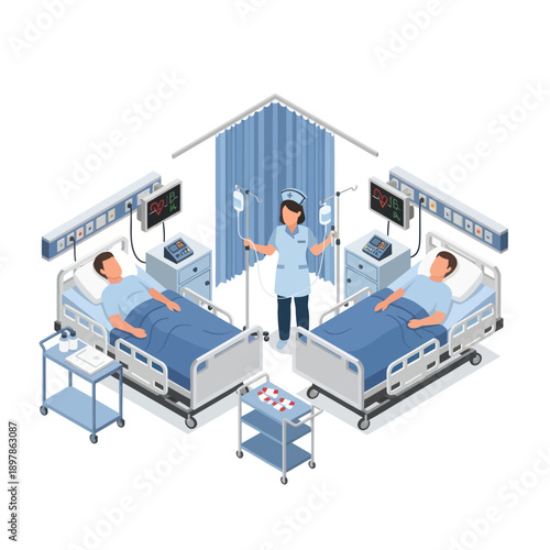 Hospital Room with Patients and Nurse.