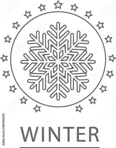 Simple black and white line art icon featuring a detailed snowflake design encircled by small stars representing the chilly season of winter