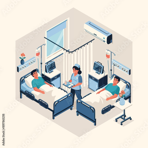 Hospital Room with Patients and Nurse.