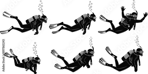 Six black silhouettes of scuba divers underwater on white background Keywords: scuba diving, divers, underwater, swimming