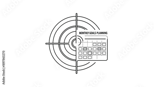 Target icon superimposed over a calendar planning sheet illustrating the concept of precisely setting and achieving specific monthly goals for focused success