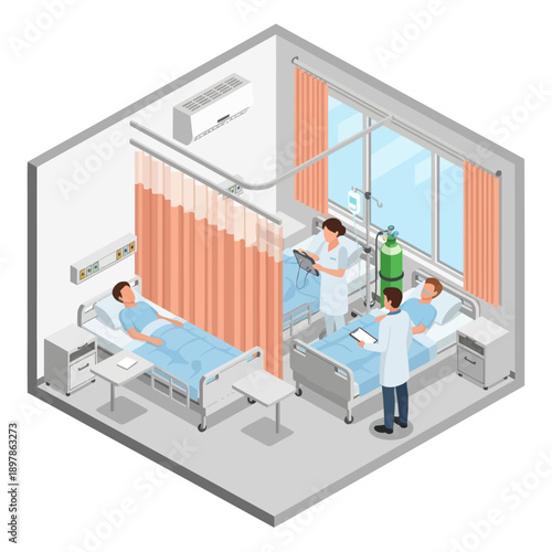 Hospital Room with Patients and Medical Staff.