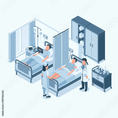 Medical Professionals in Hospital Room Scene.