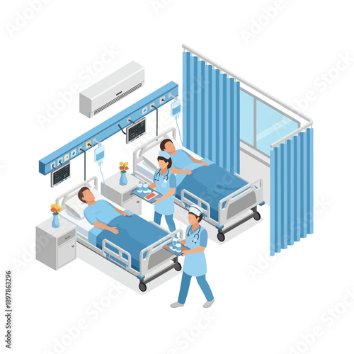 Hospital Ward with Patients and Medical Staff.