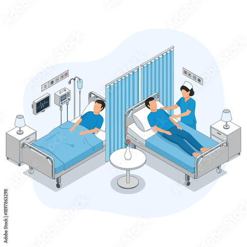 Hospital Room with Patients and Medical Staff.