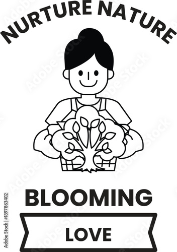 A woman holding a basket of plants and the words nurturing nature blooming love