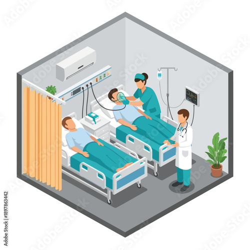 Hospital Room with Medical Staff and Patients.