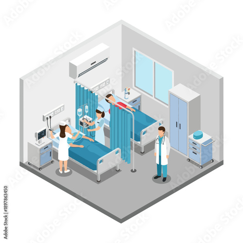 Hospital Room with Medical Staff and Patient.