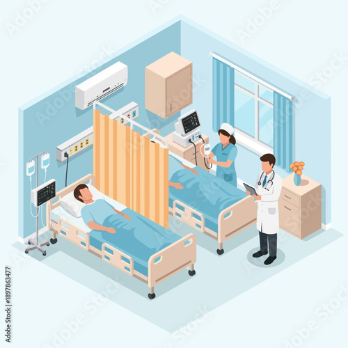 Hospital Room with Patients and Doctors Illustration.