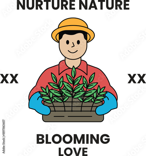 A man is holding a basket of plants and smiling