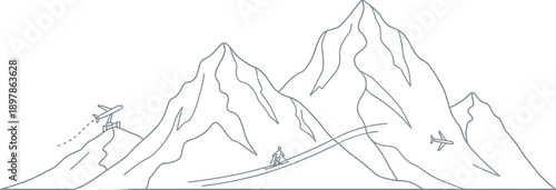 Minimalist line art illustration depicts thrilling alpine sports including downhill skiing across snowy peaks with airplane travel icons signifying adventure.