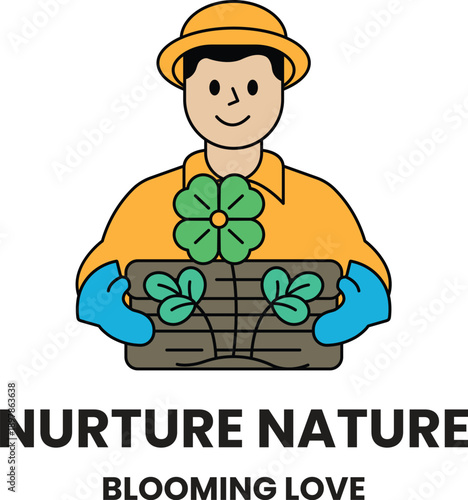 A man holding a plant in a pot with the words nurturing nature blooming love