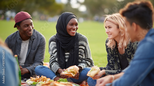 Friends enjoying lunch outdoors in a sunny park