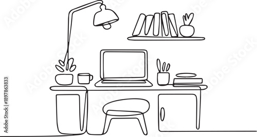 Modern workspace with laptop, lamp, and decor on desk and shelf