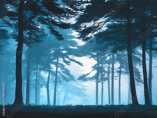 Atmospheric fog enveloping a quiet evergreen forest