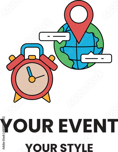 A clock and a globe are shown with the words "Your Event Your Style" below them