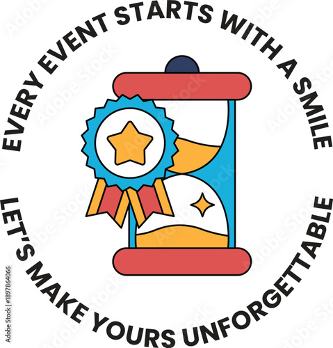 A round logo with a sand timer and a star on it