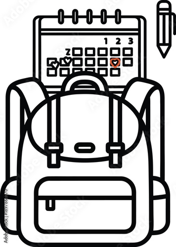 Simple black line art icon illustrating the anticipation of returning to school featuring a backpack calendar and writing utensil ready for preparation
