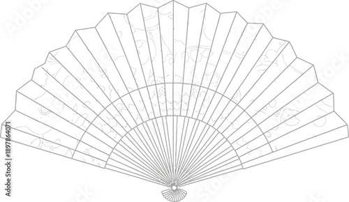 Detailed outline illustration of a traditional folding hand fan featuring intricate subtle patterned panels ready for coloring or design application against a white background.