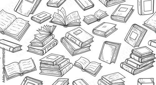 Illustrated Books Collection, Artistic Design, Educational Context, Graphic Style, Study Environment, Overhead View, Knowledge Concept