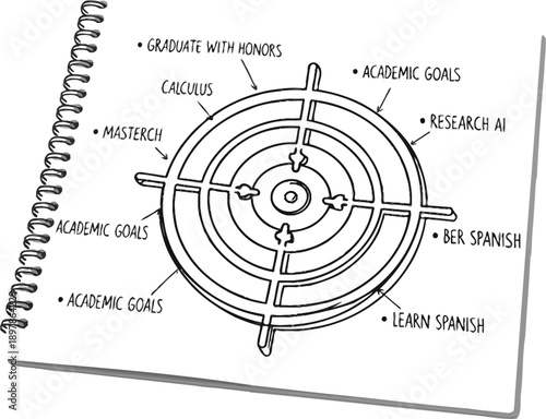 Hand drawn illustration of an open spiral notebook displaying a target concept map outlining specific academic and personal achievement goals for future success.