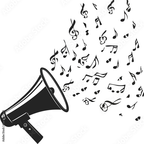  Solid black silhouette of a megaphone whose sound burst forms musical note symbols, bold simple