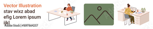 Remote work, office productivity, teamwork, digital communication, work-life balance, freelancers workspace. Two people working at desks with a placeholder graphic. Remote work and office
