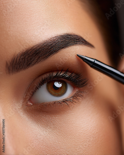 Professional eyebrow makeup detail around a warm brown eye