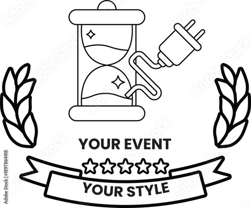 A black and white image of a clock with a plug in it