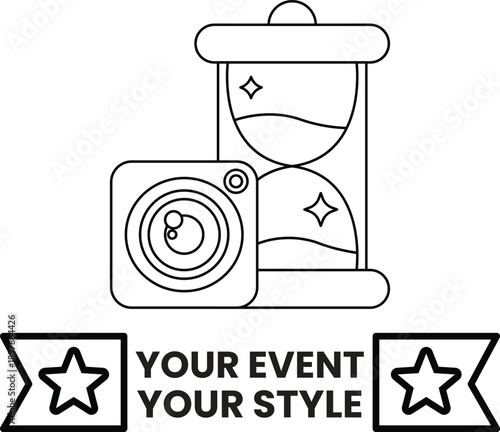A camera and a sand timer are shown in a black and white image