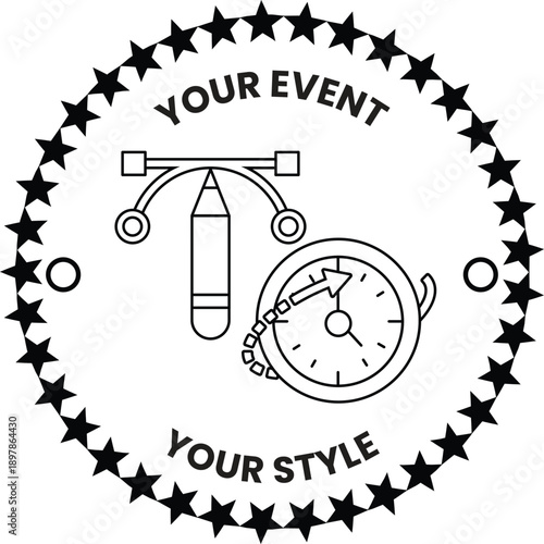 A black and white logo with a clock and a pencil