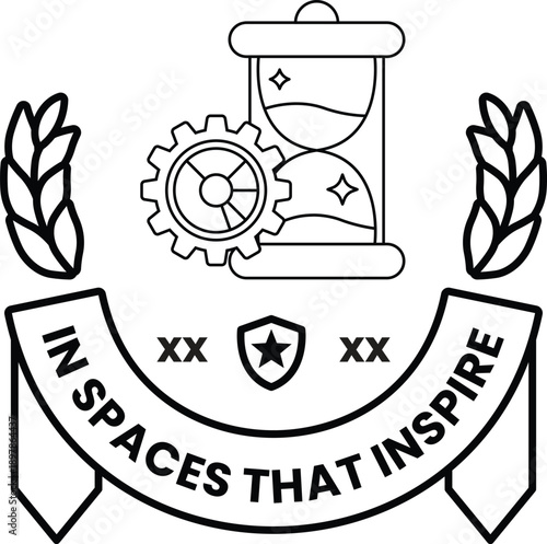 A black and white logo with a gear and a clock