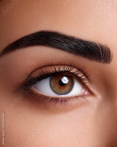 Close-up of a perfectly shaped eyebrow and expressive brown eye