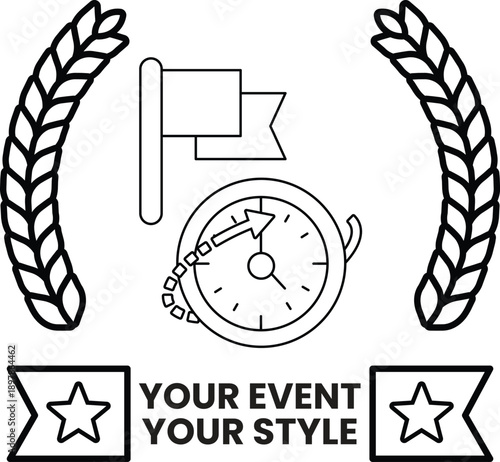 A black and white logo with a clock and a flag