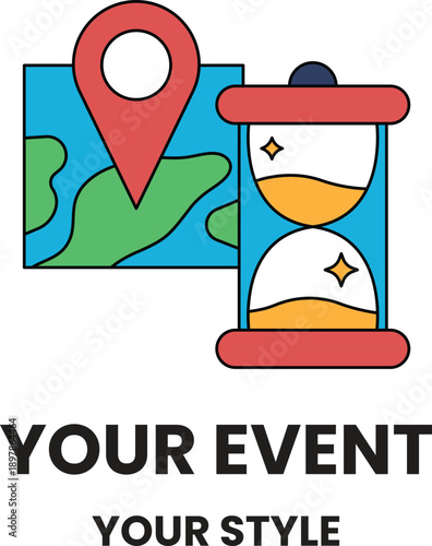 A map and a clock are shown on a white background