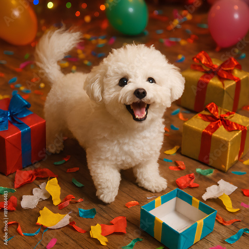 puppy with gift boxes