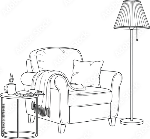 Cozy black and white line art depiction of a comfortable armchair next to a warm reading lamp with a book and hot beverage nearby
